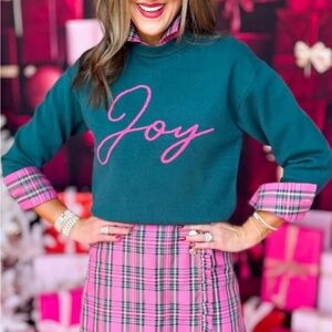 Joy Teal and Pink Plaid Sweater Set